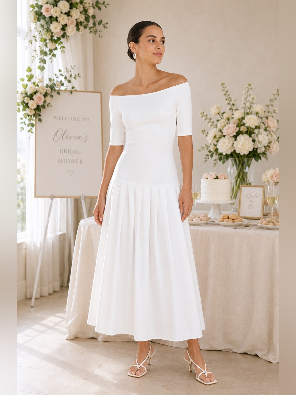 MARELLA Mila Off-the-Shoulder off White Midi Dress